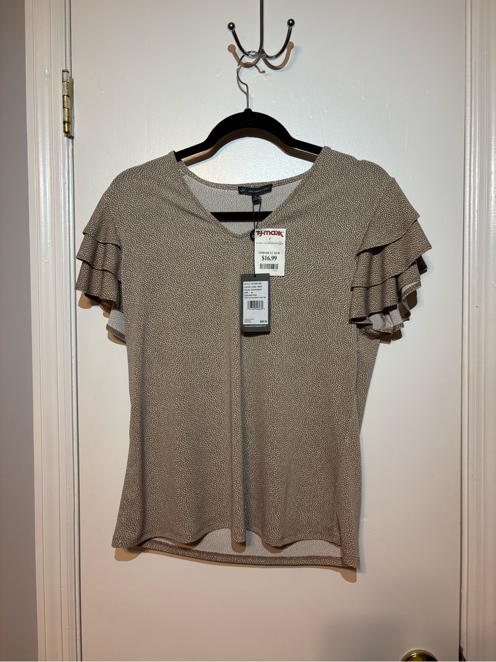 TJ Maxx Taupe Ruffle Sleeve V-Neck Top